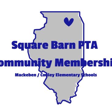 Logo of Square Barn PTA with Illinois outline and heart.