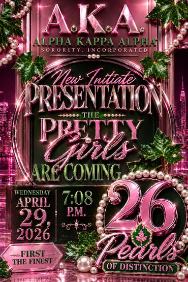 Invitation for AKA's New Initiate Presentation on April 29, 2026, at 7:08 PM.
