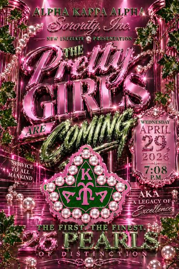 Alpha Kappa Alpha announces new initiates in a glittery pink and green design.
