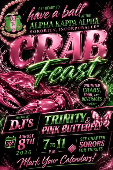 Vibrant flyer for Alpha Kappa Alpha's 2026 Crab Feast event with music, food, and drinks.
