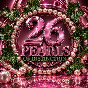 Shiny pink celebration with 26 pearls and green leaves.