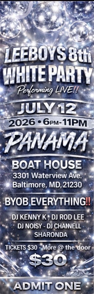 Flyer for LEEBOYS 8th White Party in Baltimore on July 12, 2026, from 6-11 PM.