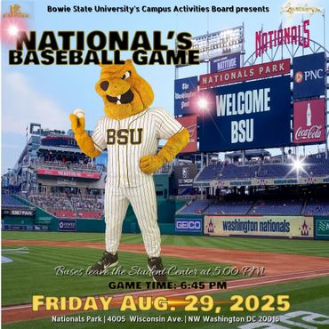Bowie State University mascot at Nationals Park promoting baseball game on August 29, 2025.