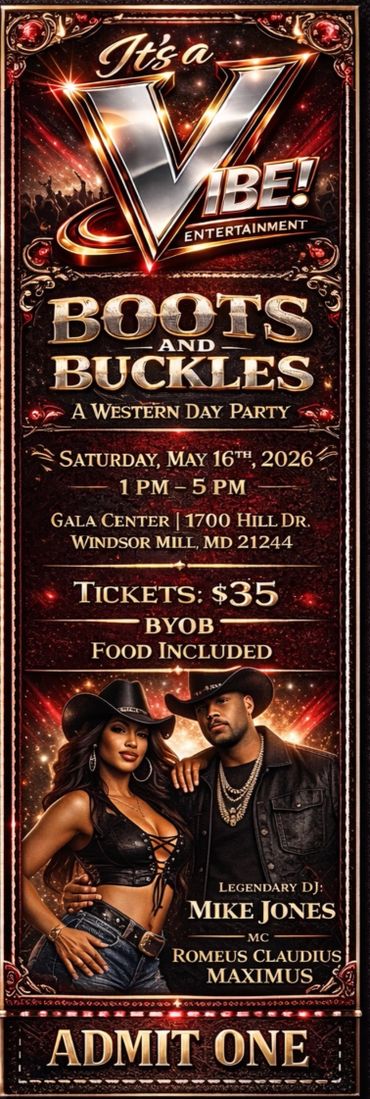 Western-themed party ticket for Boots and Buckles event on May 16, 2026.