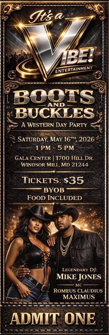 Boots and Buckles Western Day Party on May 16, 2026, with DJ Mike Jones and MC Romeus Claudius Maximus.