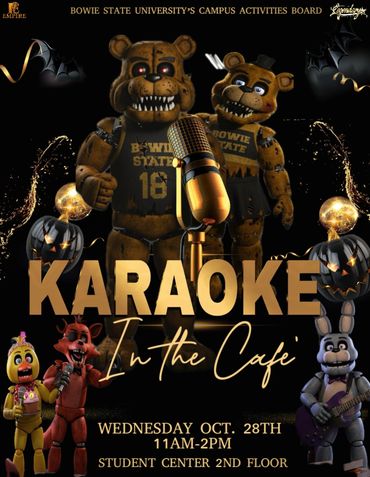 Halloween-themed karaoke event with animatronic characters at Bowie State University.