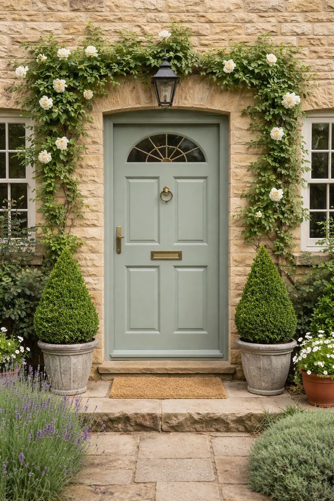 A charming blue front door framed by climbing white roses and symmetrical potted shrubs.