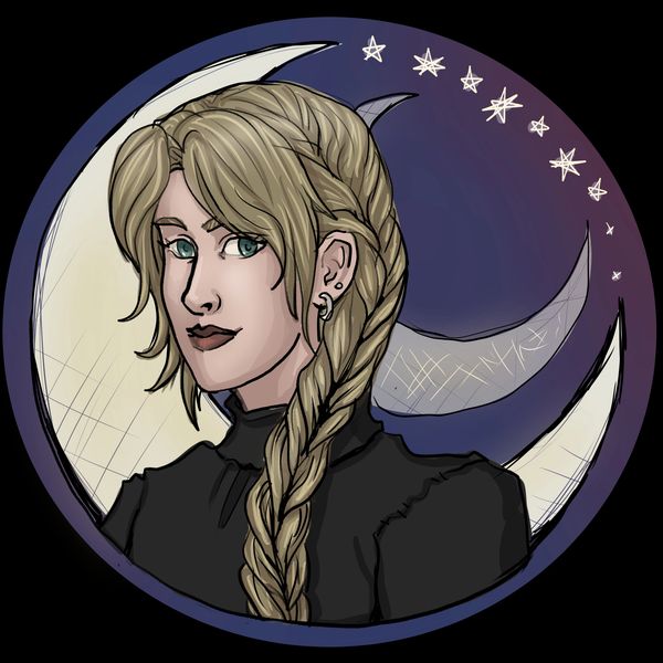 A woman with braided blonde hair in front of crescent moons and stars.