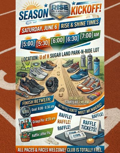 Flyer for Rise Run &amp; Walk Club season kickoff on June 6 with multiple start times and raffle.