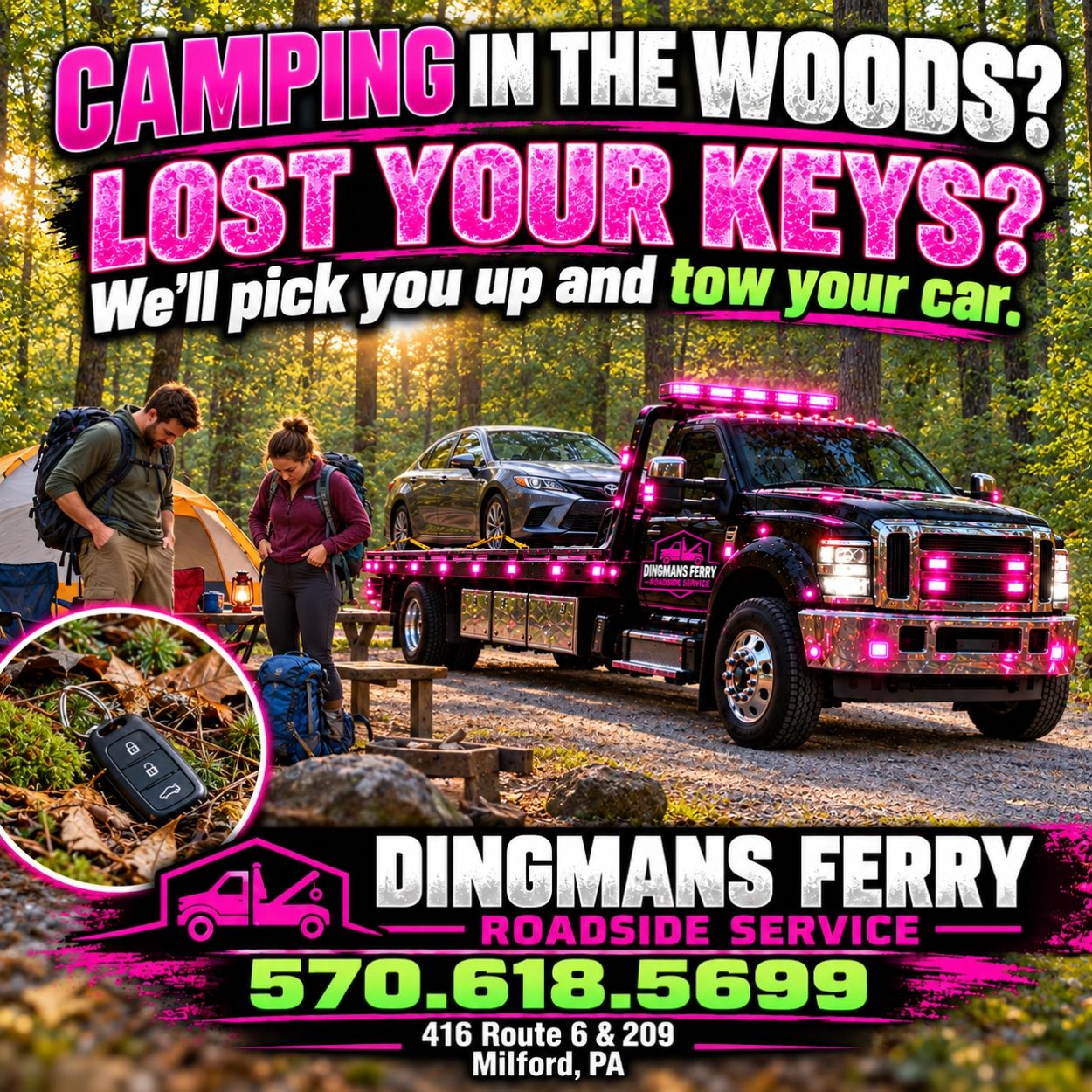 Roadside assistance for lost keys while camping in the woods.
