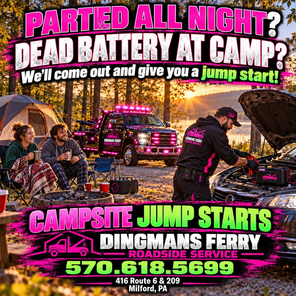 Roadside jump start service at campsites by Dingmans Ferry.