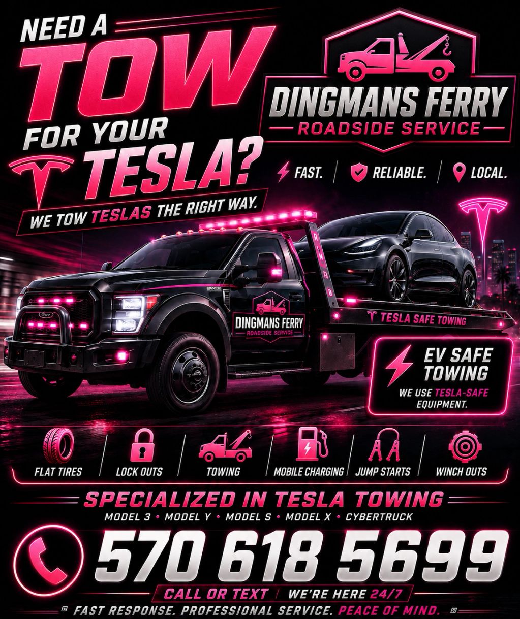 Tow service specializing in Tesla vehicles with 24/7 availability.