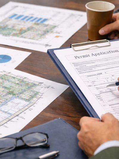 Person filling out permit application with maps on table.