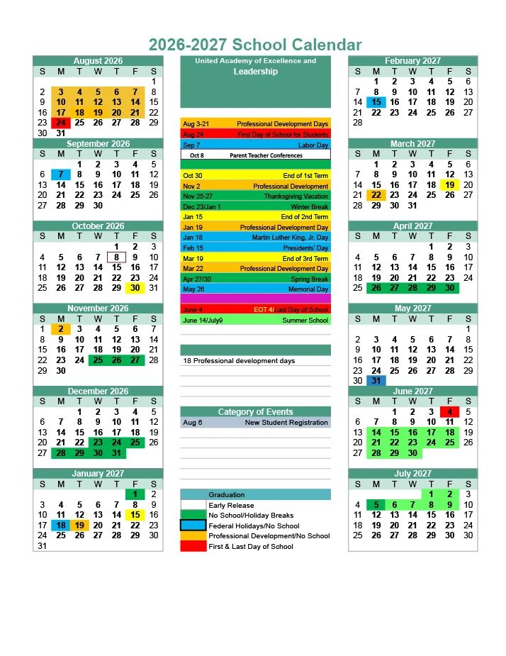2026-2027 school calendar for United Academy with holidays, breaks, conferences, and testing days.