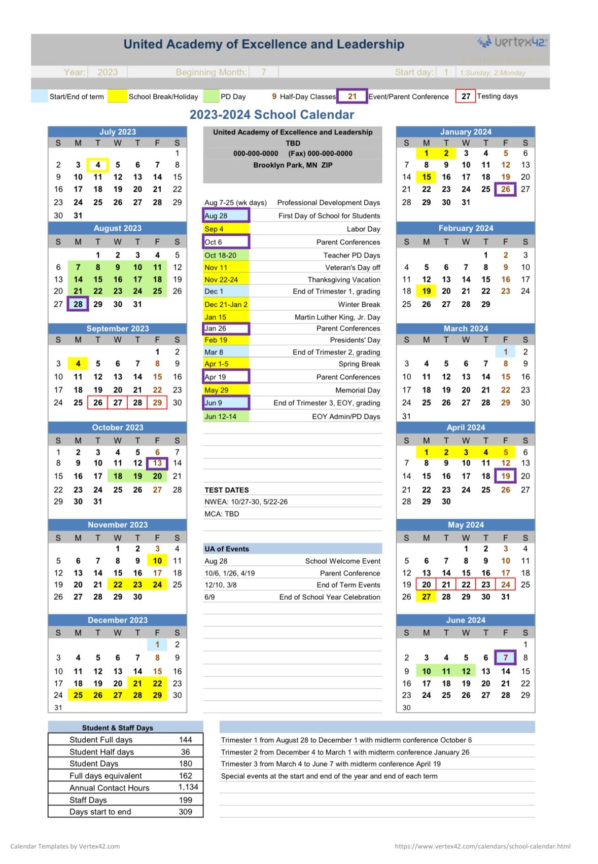 2023-2024 school calendar for United Academy with holidays, breaks, conferences, and testing days.