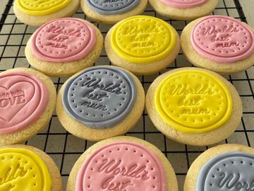 Sweet and buttery cookies with fondant icing. Your choice of text.