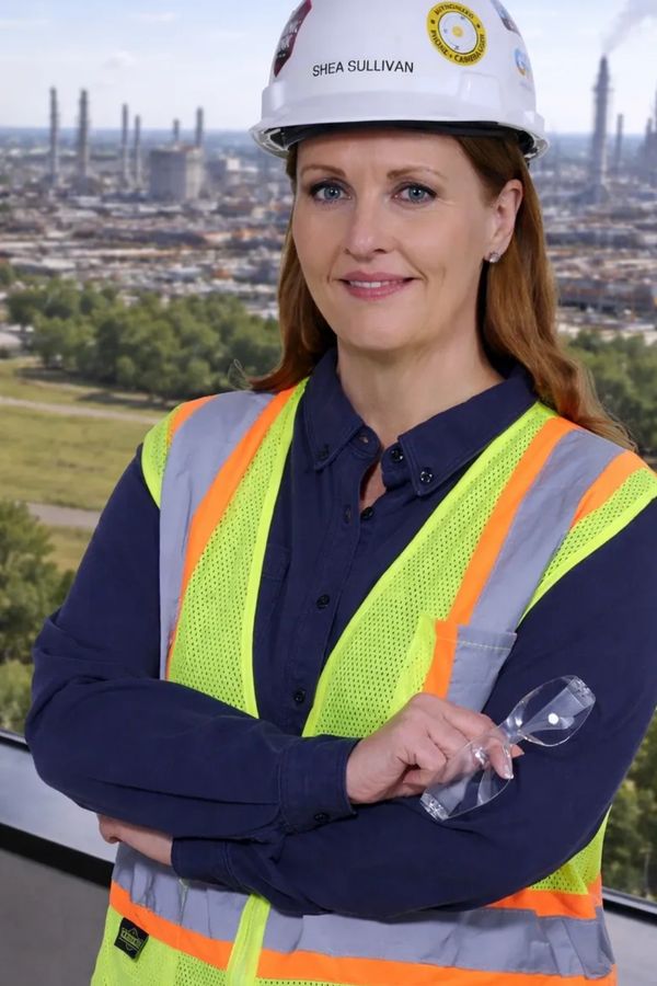 Headshot of Comms at Work CEO Shea Sullivan, wearing PPE with generic refinery in background.