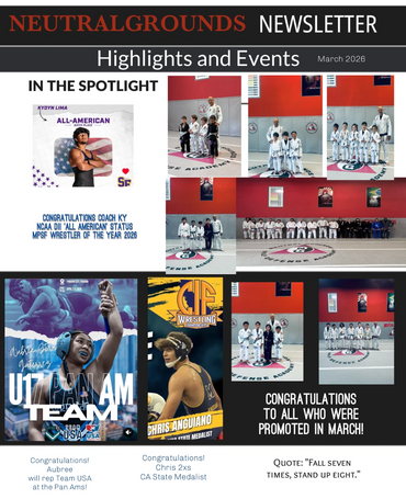 Newsletter showcasing wrestling achievements and events from March 2026.
