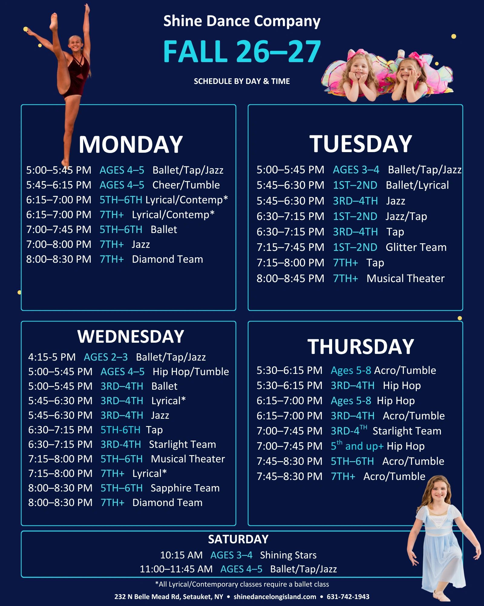 Shine Dance Company fall schedule for dance classes by age group and day.