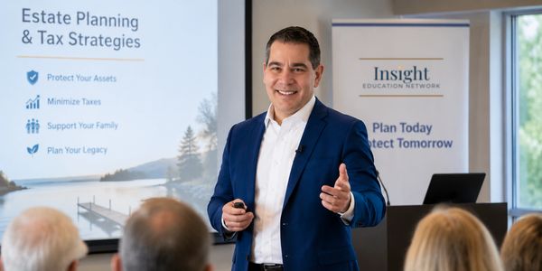 A man presents estate planning strategies to an audience in a seminar.