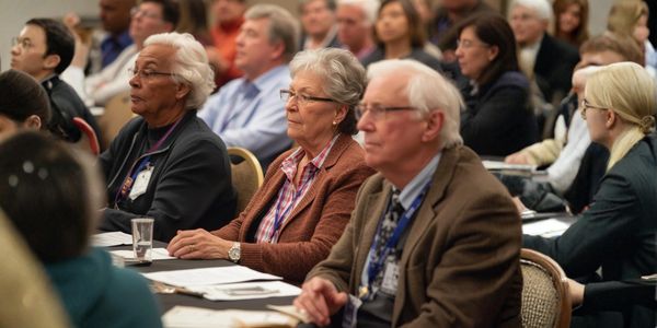 A diverse group of adults attentively listening at a conference.