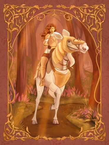 A female knight in armor rides a white horse through an enchanted forest.