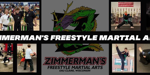 Zimmerman's Freestyle Martial Arts banner. Martial artists in classes and with trophies. 