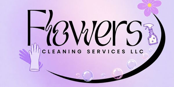 Logo for Flowers Cleaning Services LLC with purple cleaning gloves and spray bottle.