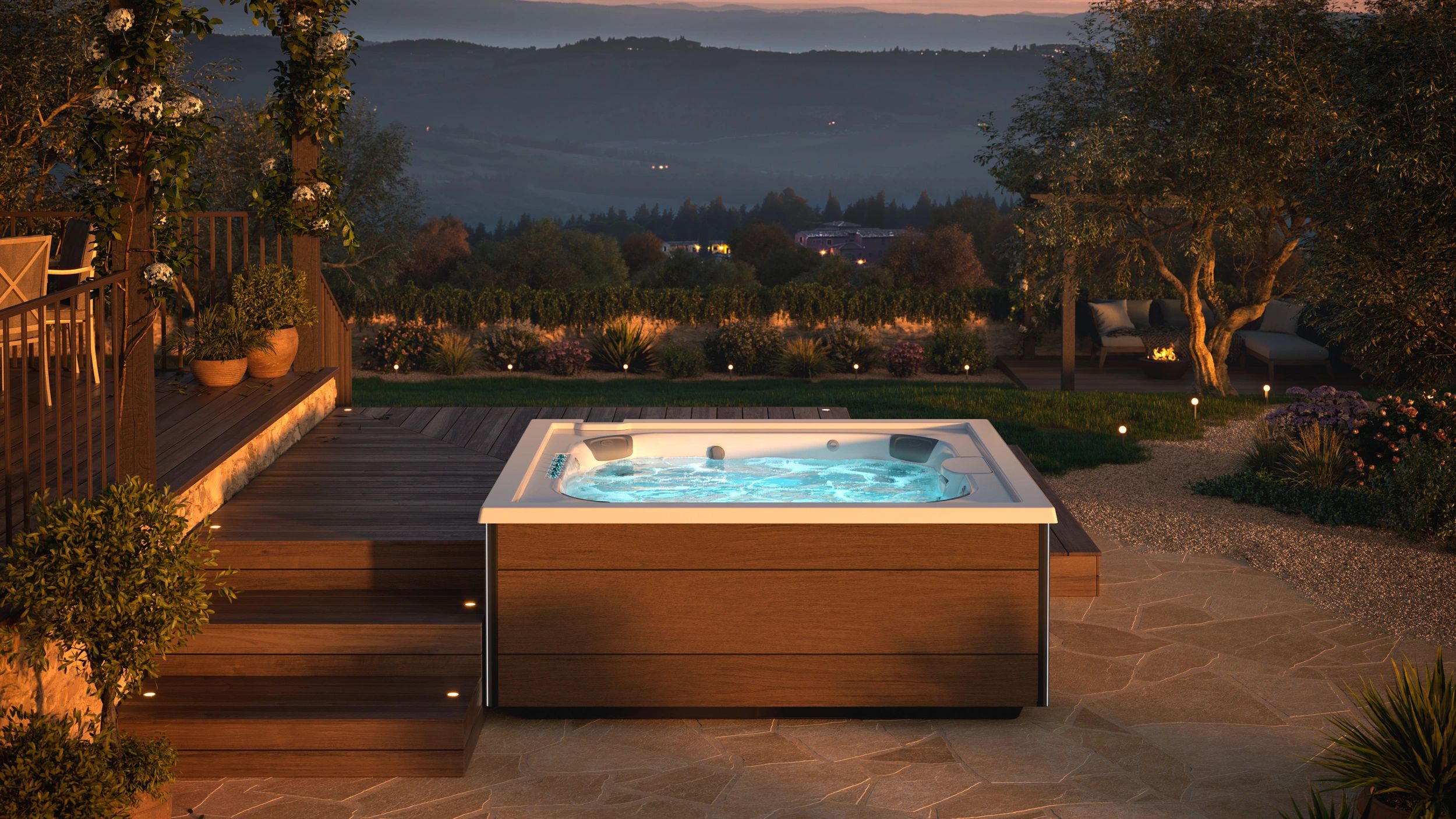 J-355™ Hot Tub with Comfort Lounge Seating and Cool Down Seat Designer Hot  Tub with Open Seating