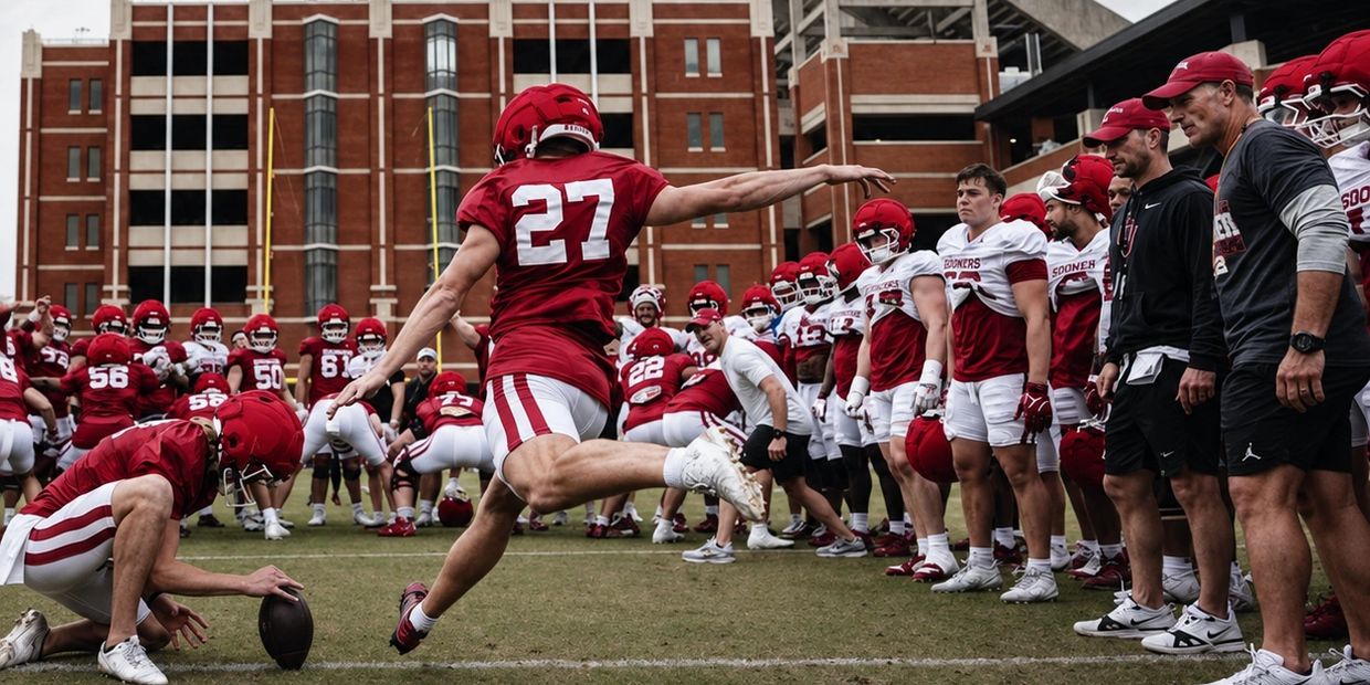 Football player kicking ball during practice with teammates watching.