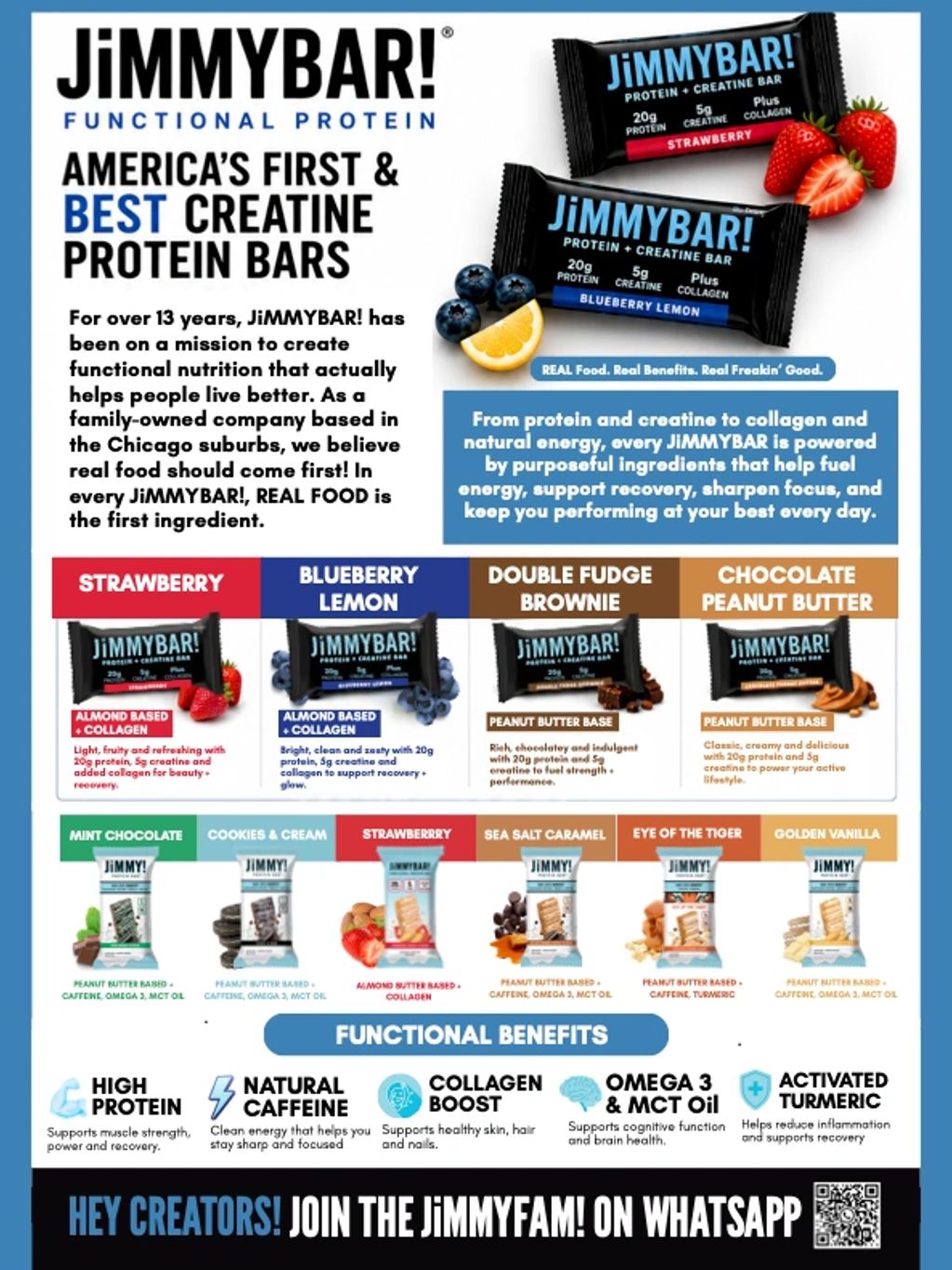Informative advertisement for JiMMYBAR creatine protein bars with flavors and benefits.