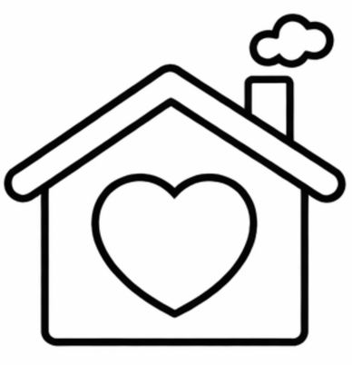 Black and white house outline with a heart in the center and smoke from chimney.