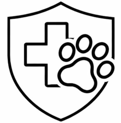 Shield logo with a medical cross and a paw print symbol.