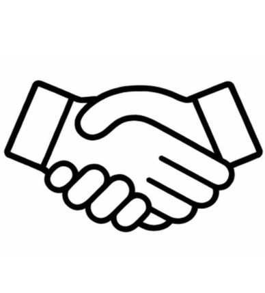 Black and white handshake icon representing agreement or partnership.