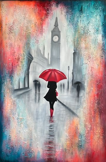 Silhouette with red umbrella in rainy cityscape.