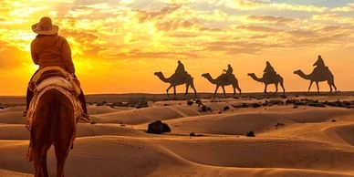 A person on a camel watching a caravan at sunset in the desert.