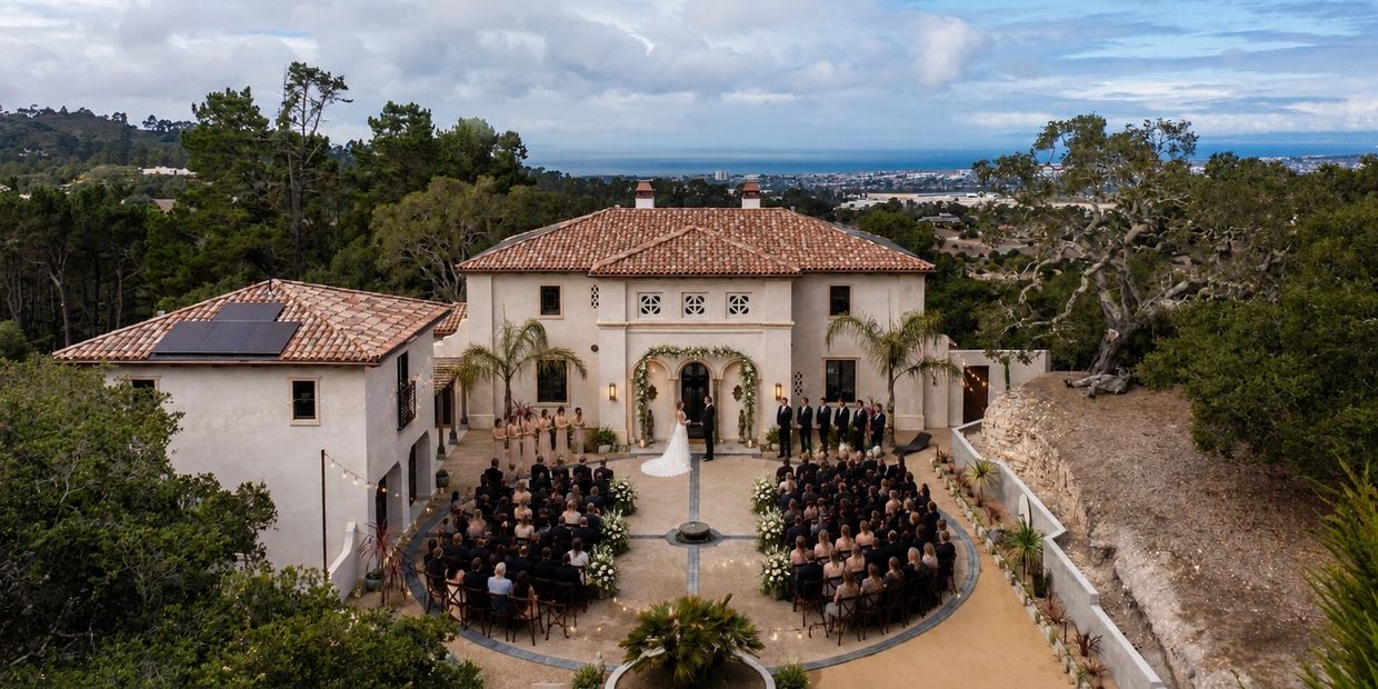 Outdoor wedding ceremony in front of a Mediterranean-style villa with guests seated.
