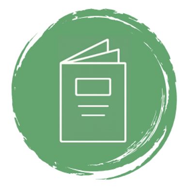 White brochure icon on a green circular brushstroke background.