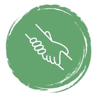 Two hands grasping each other in a supportive handshake inside a green circular brushstroke.