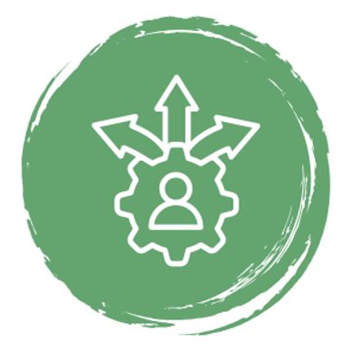 Icon of a person in a gear with arrows pointing outward on green circle.