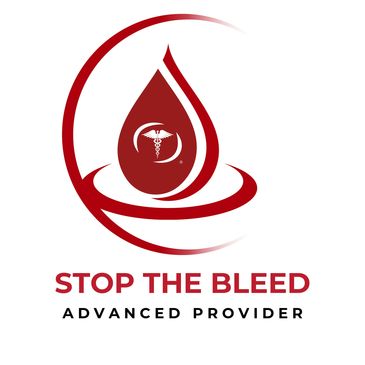 Logo de Stop The Bleed con una gota de sangre y símbolo médico.