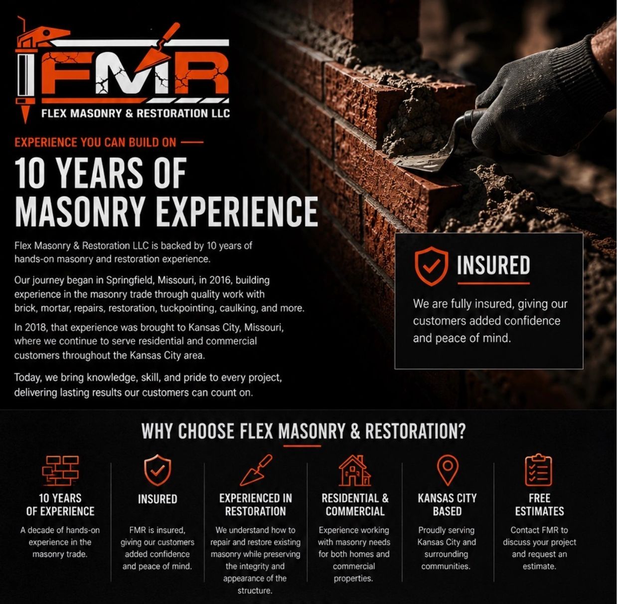 Flex Masonry &amp; Restoration LLC offers 10 years of masonry experience with insured services.
