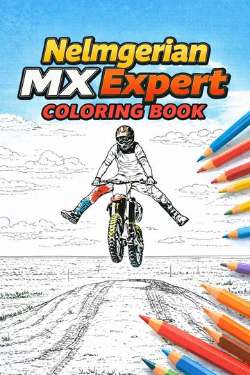 Cover of Nelmgerian MX Expert coloring book with motocross rider and colored pencils.