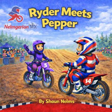 Two kids on dirt bikes meet on a race track, waving and smiling.