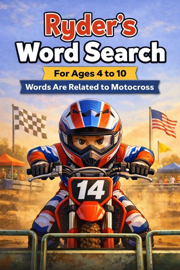 A kids' motocross word search book cover with a racer on a bike.