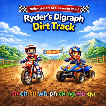Kids race on dirt bikes in Ryder's Digraph Dirt Track learning game.