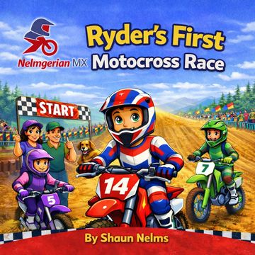 Kids racing motocross bikes in a colorful, lively dirt track event.