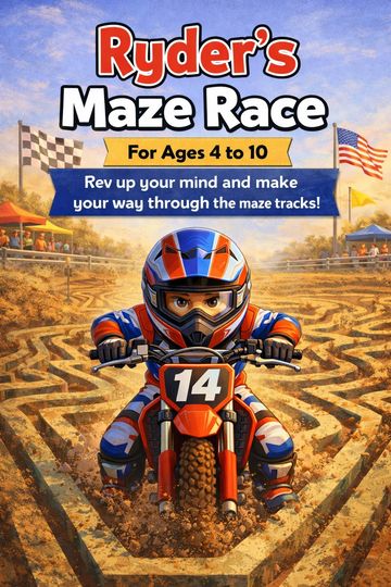 A young racer on a dirt bike navigates a maze track in a vibrant race setting.