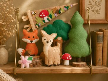 Felt woodland animals and trees on a shelf.