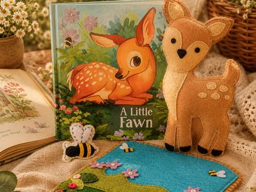A children's book and plush toys themed around a fawn.